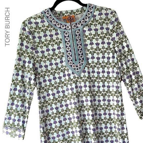 TORY BURCH | NWOT EMBELLISHED SILK FLORAL TUNIC BEADED JEWEL NECKLINE | SMALL - Picture 1 of 15